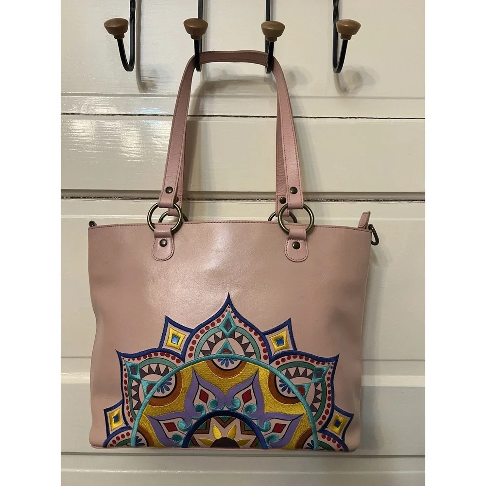NEW Anuschka Embroidered Handpainted Leather Pink Tote Purse Crossbody Mandella